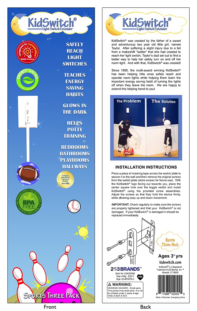 Kidswitch Lightswitch Extension For Toddlers - Sports Edition - 3 Count - Includes 6 Themed And 6 Blank Art Decals