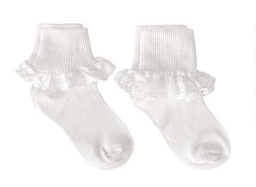 Country Kids Baby Girls Frilly Eyelet Lace Trim Socks, 2 Pairs, White, 0-3 Mos