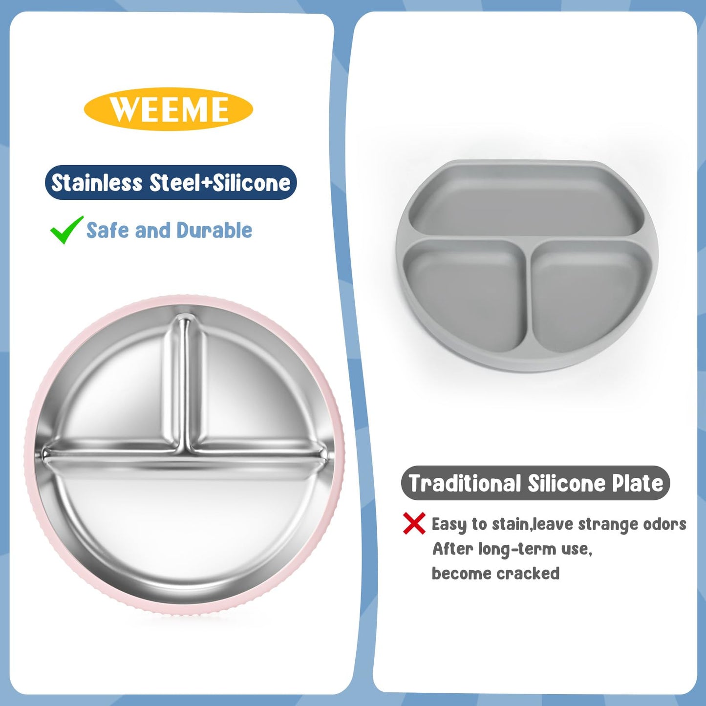 2-Pack Stainless Steel Kids Plates with Suction Bases, 8.26 Divided Toddler Plates with Removable Silicone Sleeves, Non-Slip, BP