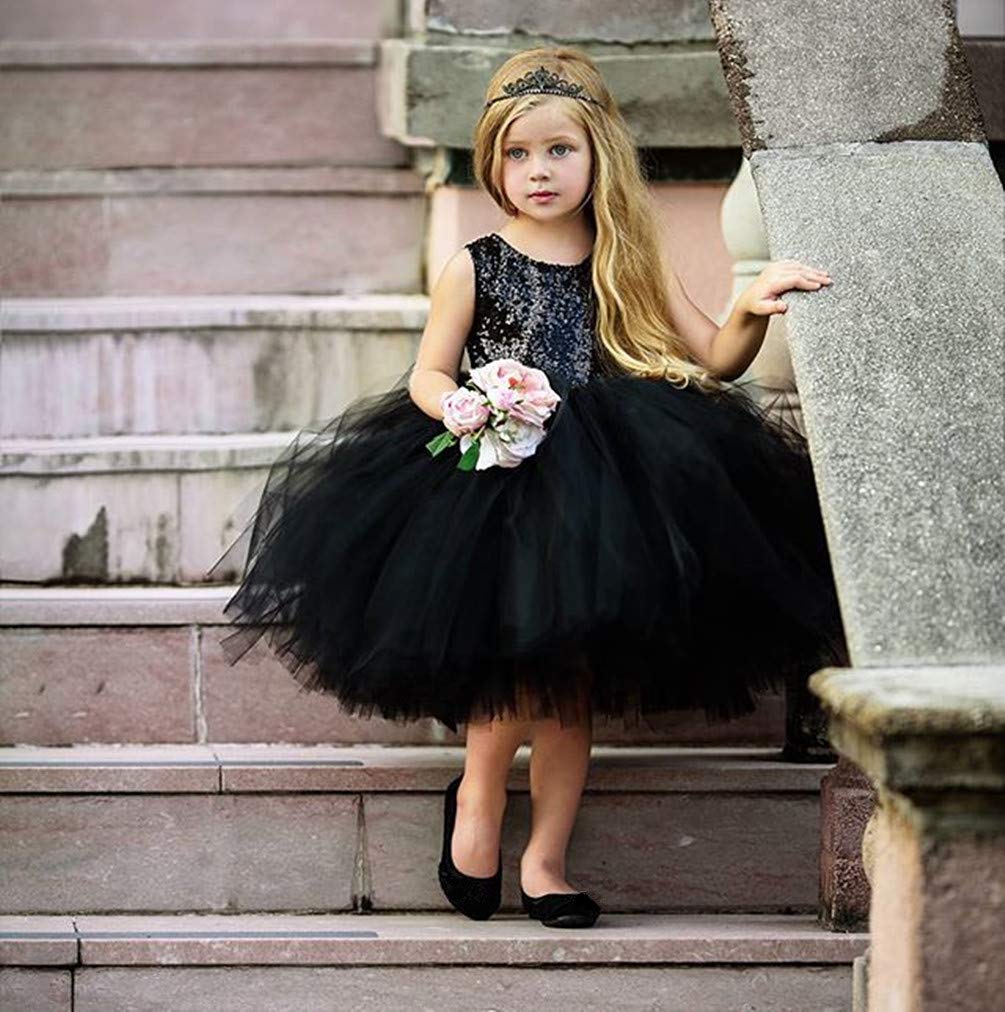 Toddler Girl Baby Lace Flower Sequin Tutu Dress Tulle Pageant Wedding Party Formal Girls Dresses Black 12-18M