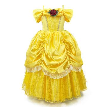 Fmyfwy Girls Belle Princess Rose Dress Beauty And Beast Costume Halloween Christmas Wedding Birthday Gown W/Accessories 6-7T