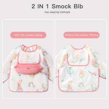 Usbettas Long Sleeve Bib With Silicone Catch Pocket, Waterproof Feeding Bibs For Toddlers, Machine Washable, Baby Smock Bib For