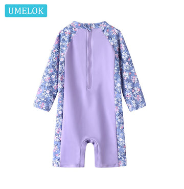 Umelok Infant Girl Swimwear Sets One Piece Rash Guard Swimsuit With Sun Hat (Purple, Floral 6-9 Months)