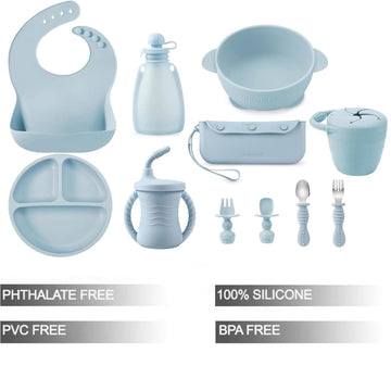 Pandaear Silicone Baby Feeding Set | 11Pcs Baby Led Weaning Supplies Self Feeding Utensils | Divided Suction Plate Bowl Bibs Sip
