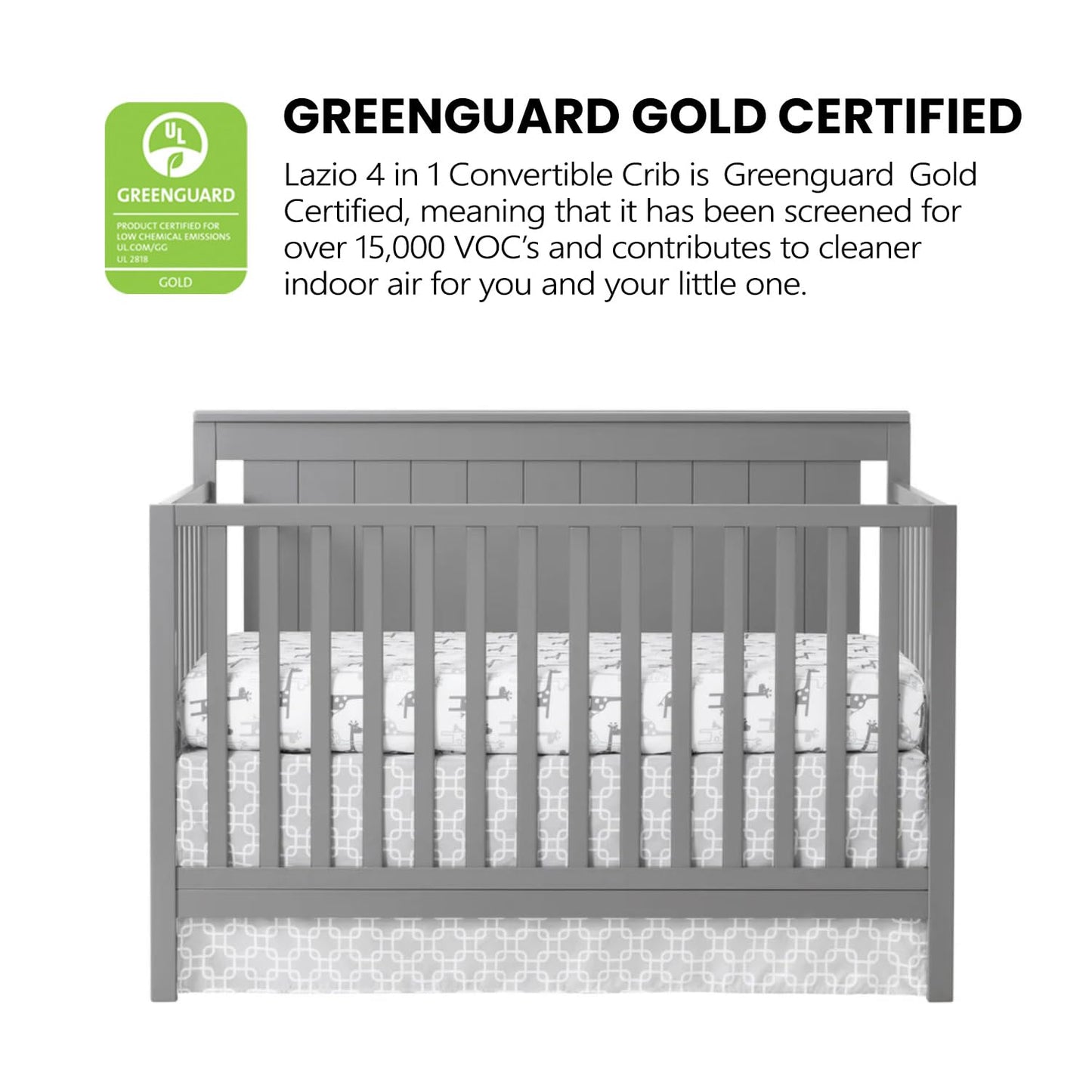 Oxford Baby Lazio 4-In-1 Convertible Crib, Dove Gray, Greenguard Gold Certified