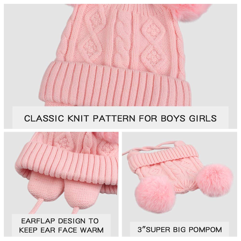 Jangannsa Cute Knitted Boys Girls Christmas Beanie Warm Earflap Winter Hat Infant Toddler Baby Beanie 0-6Y (M, Pink Pompom)