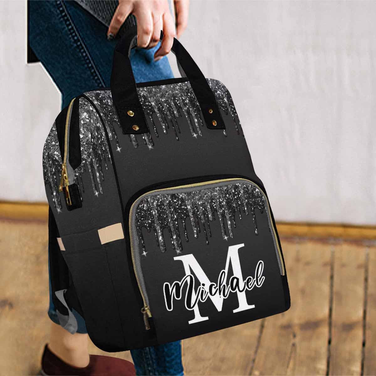 Artsadd Customized Diaper Backpacks For Mother'S Day, Personalized Black Glitter Diaper Bags For Men Custom Travel Nappy Mommy B