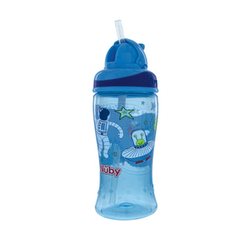 Nuby 2-Pack Thirsty Kids No-Spill Flip-It Printed Boost Cup With Thin Soft Straw - 12Oz, 18+ Months, 2-Pack, Blue Astronaut & Aq