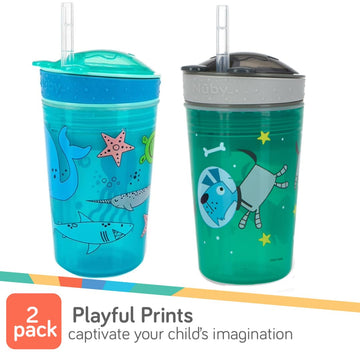 Nuby All In One Snack Bowl And No Spill Soft Straw Cup - 2 Pack Aqua Ocean Animals & Green Puppy Dogs - Snack N' Sip, Holds: 4.5