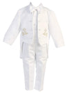 Igirldress Little Boys White Baptism Christening Mandarin Collar Tail 5 Pcs Tuxedo With Gold Cross Embroidery Size 5