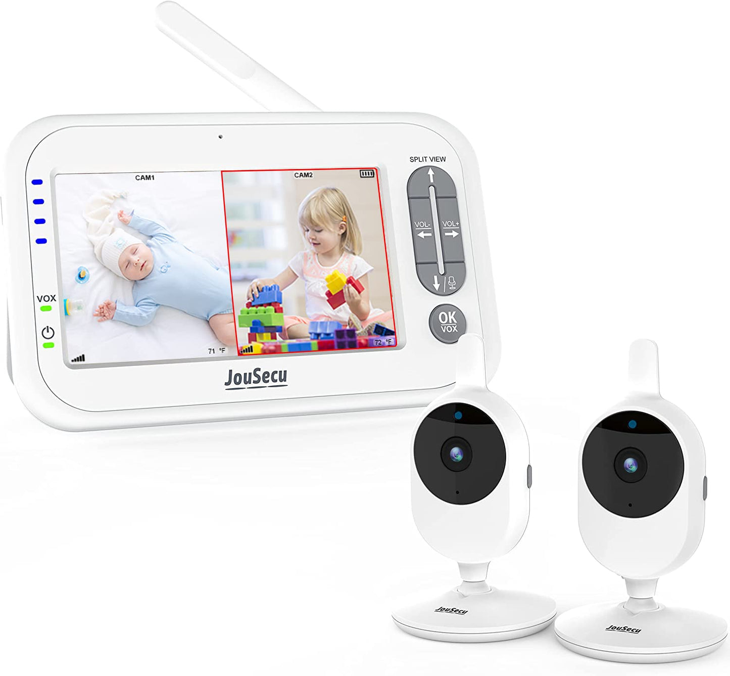 Jousecu Baby Monitor With 2 Cameras, Video Baby Monitor, 4.3' Lcd Split Screen,2-Way Audio, Crying Detection, Night Vision, Tem