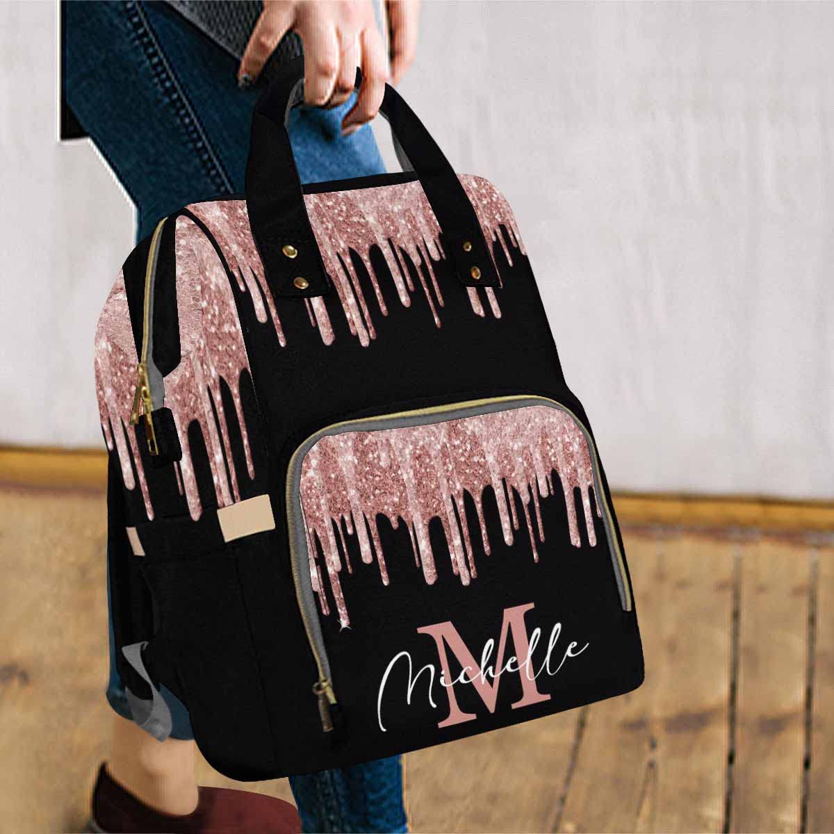 Artsadd Personalized Diaper Bag With Name, Customized Black Pink Glitter Nappy Backpack With Thermal Pockets Handbag Shoulder Ba