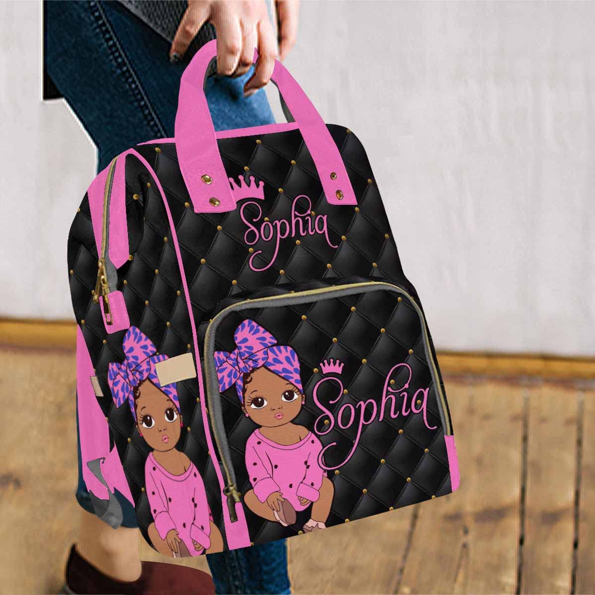 Artsadd Custom Name Diaper Bag Mommy Nappy Bags, Personalized Pink Crown Dots Handbags Large Capacity Multi-Function Nursing Bag