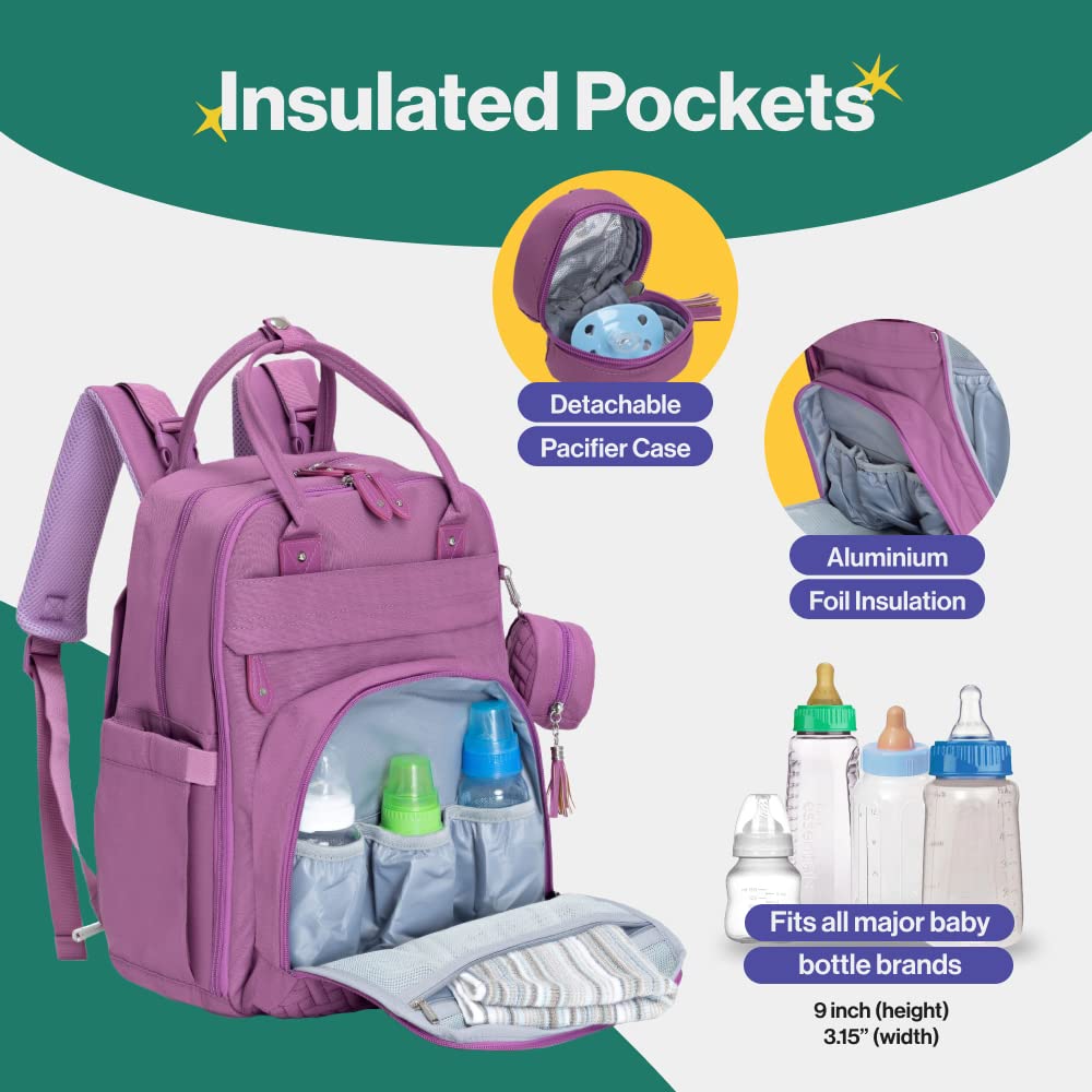 Babbleroo Diaper Bag Backpack - Baby Essentials Travel Tote, Purple, Unisex