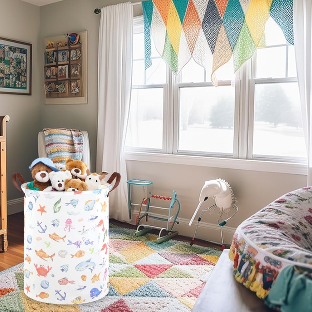 Fxocshe Marine Animal Kids Waterproof Foldable Laundry Basket,Fish Hamper,Nursery Hamper,Baby Storage Baskets For Boy Room,Gift