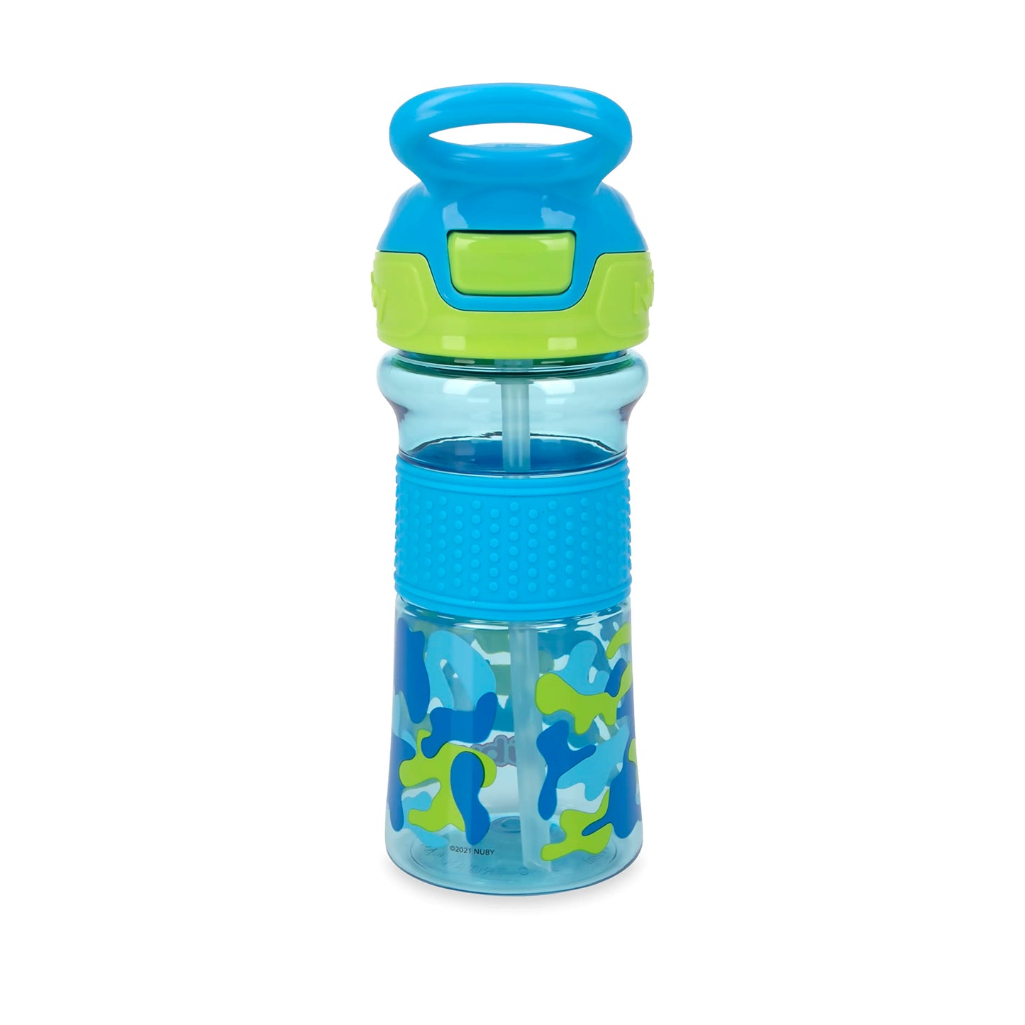 Nuby Thirsty Kids No Spill Flip-It Reflex Travel Cup With Soft Silicone Spout, 12 Oz, Aqua Camo