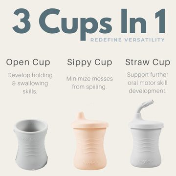 Pandaear Silicone Training Cup, 3 Pack Baby Drinking Sippy Cups With Straw For Baby And Toddler 6 Months+ (Brown/Pink/Gray)