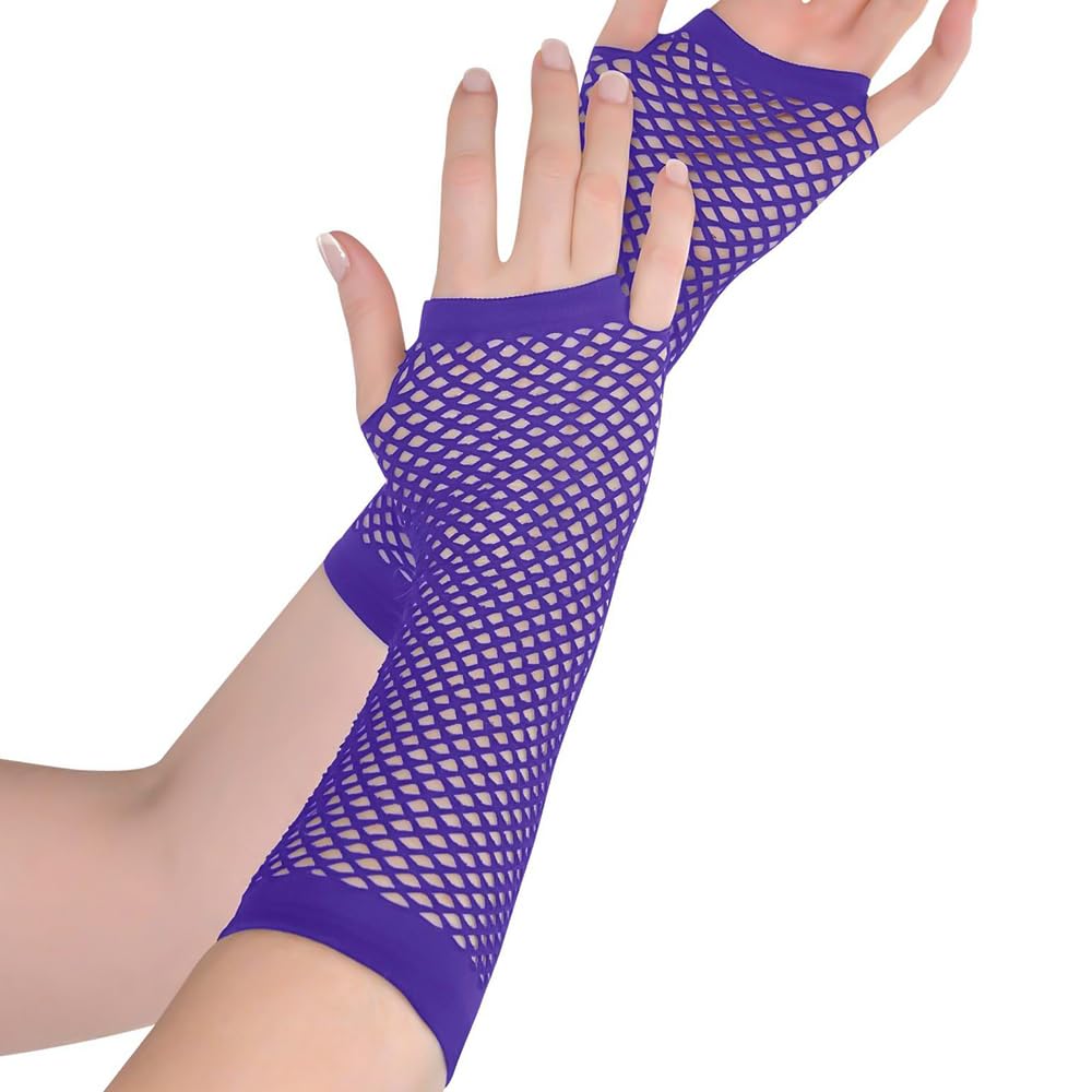 Purple Long Fishnet Fingerless Gloves - 1 Count - Vibrant, Stretchy & Stylish - Perfect For Parties & Costumes, One Size Fits Al