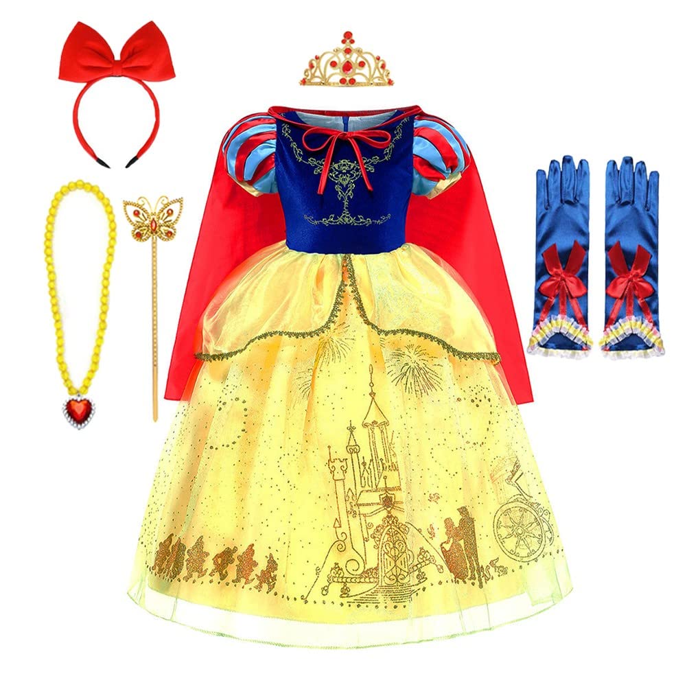 MYRISAM Snow White Princess Costume Girls Puff Sleeve Halloween Carnival Christmas Birthday Party Dress w/Accessories 9-10T
