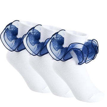 Yepami 3 Pairs Girls Ruffle Socks Big Double Lace Frilly Trim Dress Socks (Navy, Small, 2_Years)