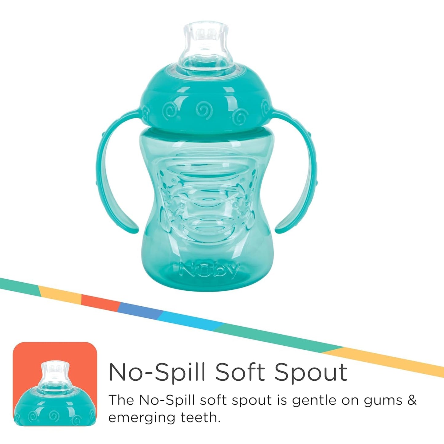 Nuby Plastic 2-Pack Two-Handle No-Spill Super Spout Grip N' Sip Cups, 8Oz, Coral And Aqua