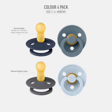Bibs Colour Soother 4-Pack | Bpa Free Dummy Pacifier | Round Nipple | Natural Rubber Latex | Made In Denmark | Size 6-18 Months