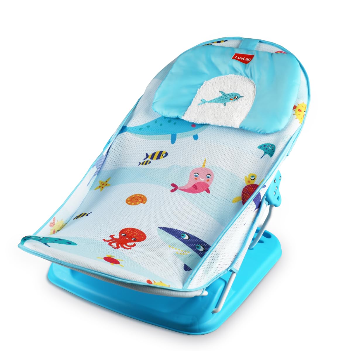 Luvlap Aqua Tales Baby Bather For Baby 0-6 Months, New Born Baby Bath Chair, 3 Position Adjustable, Washable Soft Mesh, Large Se