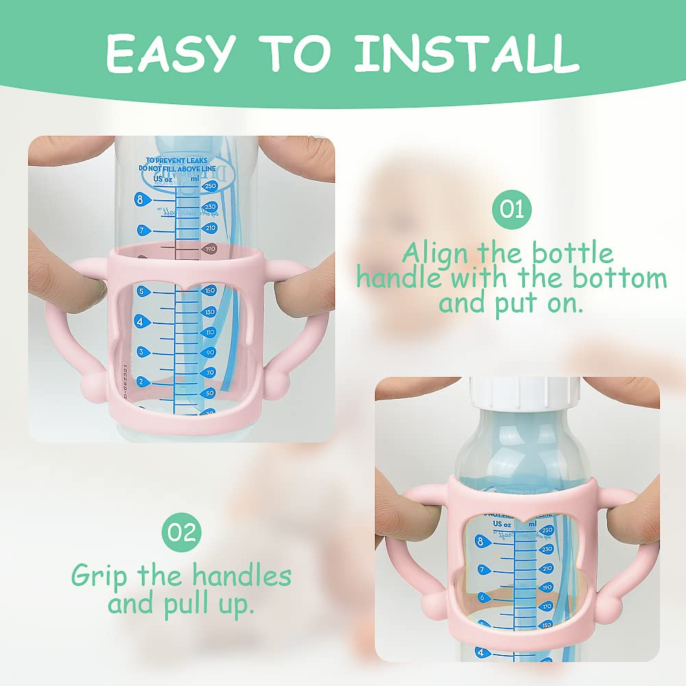 Dr Brown'S Silicone Bottle Handles - 2Pcs Easy Grip Handles For Narrow Bottles, Lightweight & Easy To Carry (Pink/Orange)