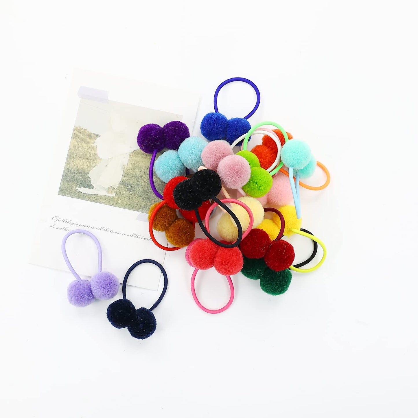 Insowni 40 Pack/20 Pairs Cute Small Pom Pom Hair Ties Colorful Balls Scrunchies Pompoms Elastics Rubber Bands Pigtail Ponytail H