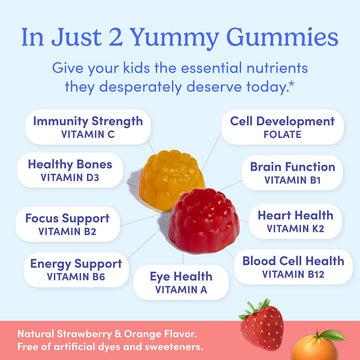 First Day Kids Essential Multivitamin Gummies, Vitamin A, D3, B6, B12, C, K2 & More + Organic Fruits & Veggies For Growth, Brain