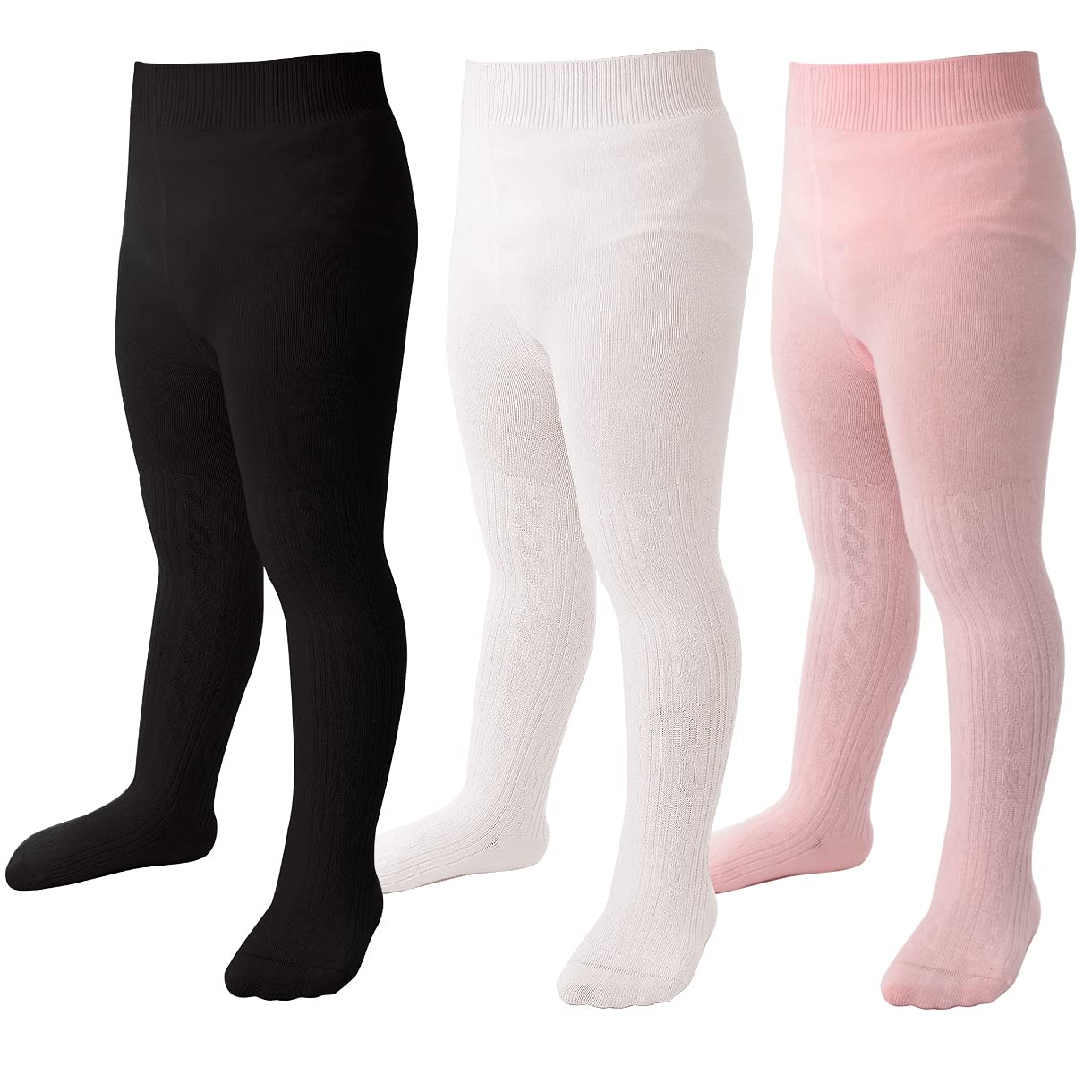 Marchare Baby Girls Tights Thick Solid Cable Knit Leggings Winter Warm Stockings For Toddler Girls 3-6 Months Black/Ivory White/