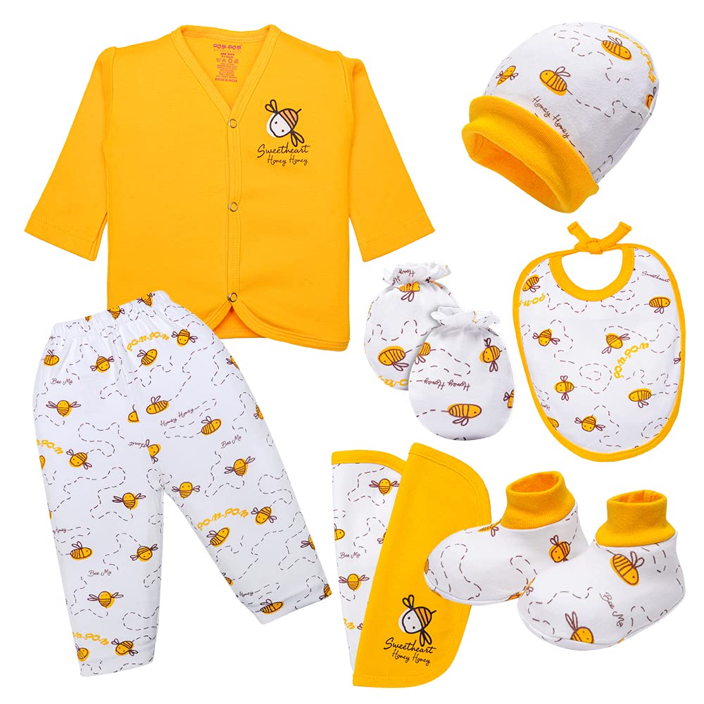 pompom SWEET HEARTS 100% Cotton Hosiery Newborn Baby Gift Set Clothing Gift Pack of 8 for Boys & Girls FullSleeve TShirt,