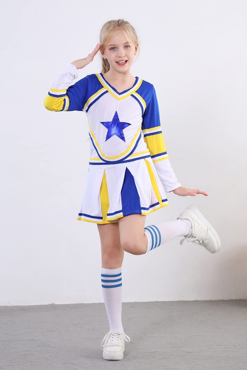Lontakids Cheerleader Costume For Girls Cheerleading Uniform Dress Outfit With Stockings 2 Pom Poms (Blue, 160/11-12Years)