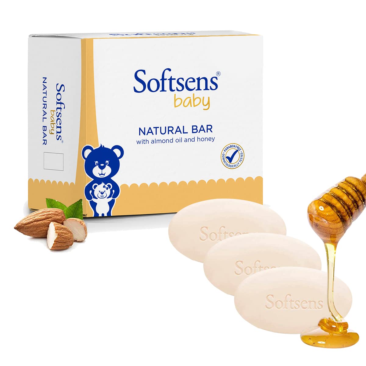 Softsens Natural Baby Bar Soap 100G Each X 3 (300G) | Gentle Cleansing & Nourishing | With Almond Oil & Pure Honey| Dermatologic