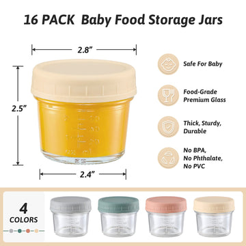 Vitever 16 Pack Glass Baby Food Storage Containers, 4 Oz Baby Food Jars With Plastic Lids, Small Baby Food Maker, Reusable Infan