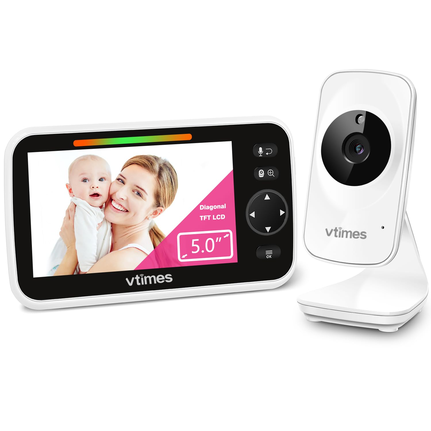 Vtimes Baby Monitor Video Baby Monitor With Camera And Audio No Wifi 5' Lcd Screen, Two-Way Audio, Night Vision,1000Ft Range, 2