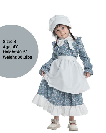 Nuoqi Prairie Dresses For Girls Pioneer Girl Laura Ingalls Wilder Costume With Apron Blue 6-7