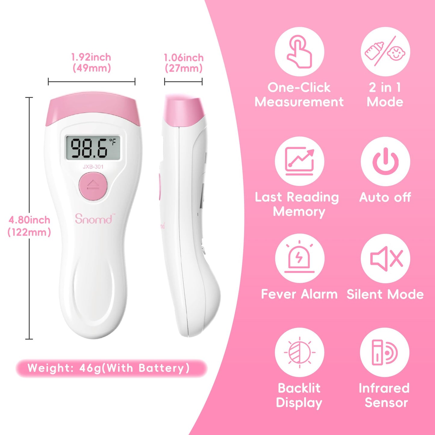Snomd Non-Touch Forehead Thermometer, Digital 2-In-1 Infrared Thermometer For Adults, Kids, And Babies With Fever Alarm, Instant