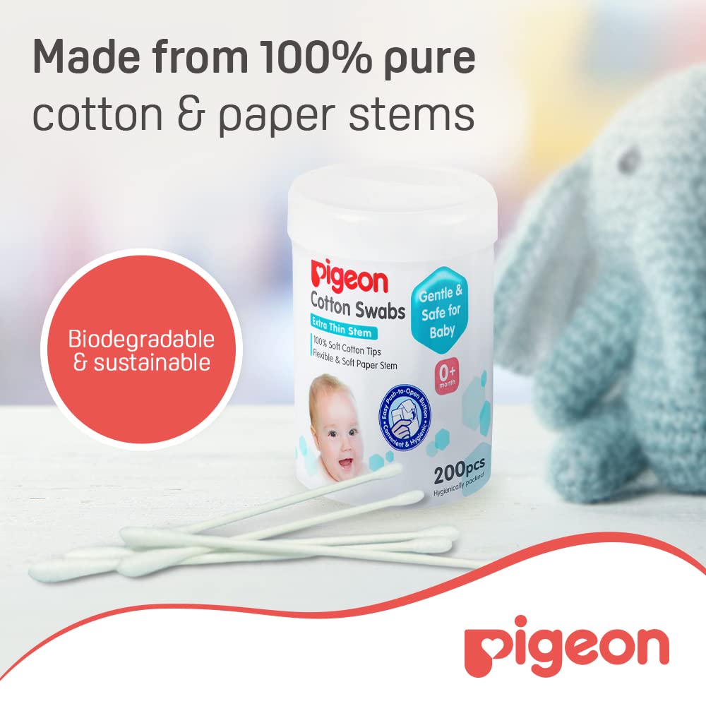 Pigeon Cotton Swabs, Flexible And Soft Paper Stem, 100% Soft Cotton Tips, Thin & Hinged, 200 Pieces, White