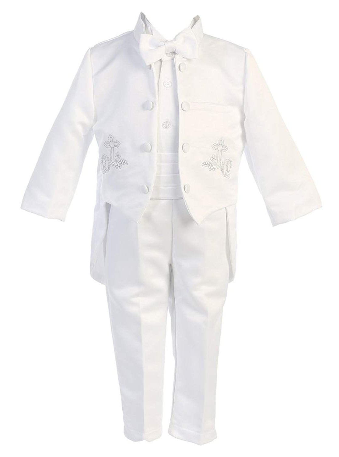 Igirldress Little Boys White Baptism Christening Mandarin Collar Tail 5 Pcs Tuxedo With Silver Cross Embroidery Size 4