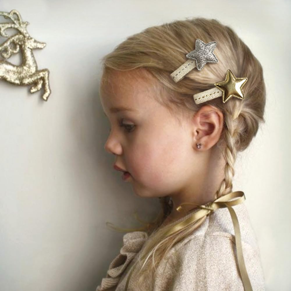 Golden And Silver Stars Hair Clips With Tassels For Girls, 10Pcs Non Slip Cotton Fully Lined Hair Pins Accessories For Babies In