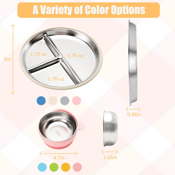 Misslili Stainless Steel Baby Plate And Bowls With Suction, Divided Kids Baby Plate And Toddler Bowl With Removable Silicone Suc
