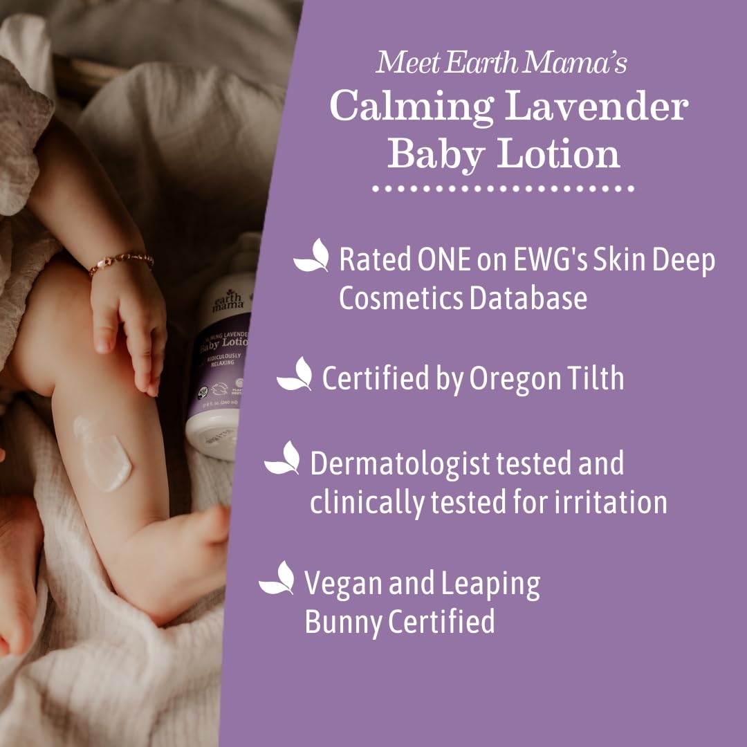 Earth Mama Calming Lavender Baby Lotion For Dry Skin, Calendula Cream For Newborn Skin Care, Organic Moisturizer For Children Wi