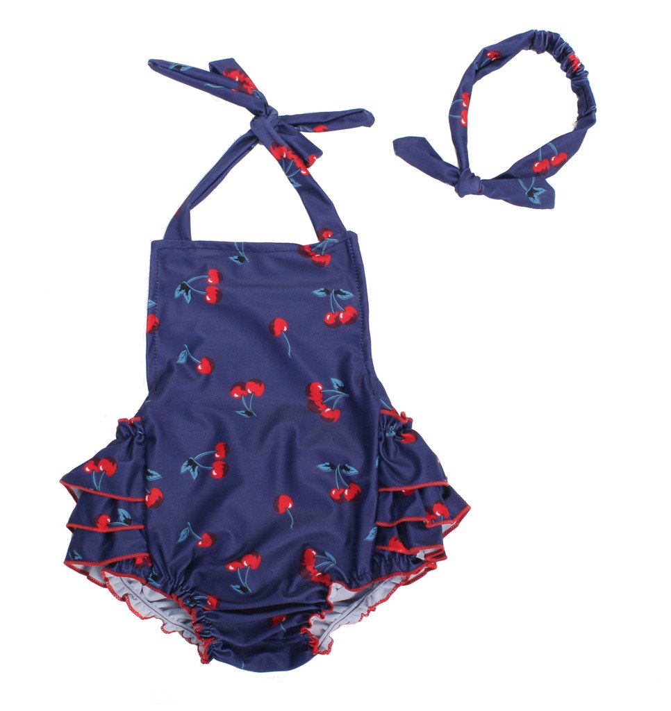 Dalary Baby Girl Cherry Pattern Bathing Suits Outfits Rompers with Headband (0-1 Years,Navy)