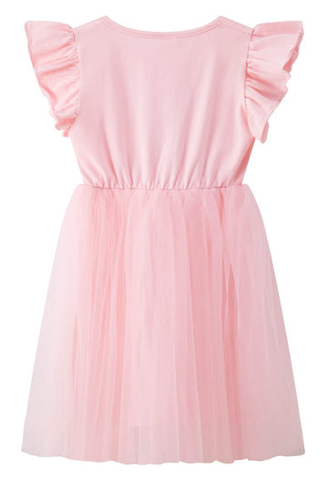 Lyxiof Girls Tutu Dress Casual Tulle Summer Solid Color Ruffle Sleeve Dress Pink 130Cm