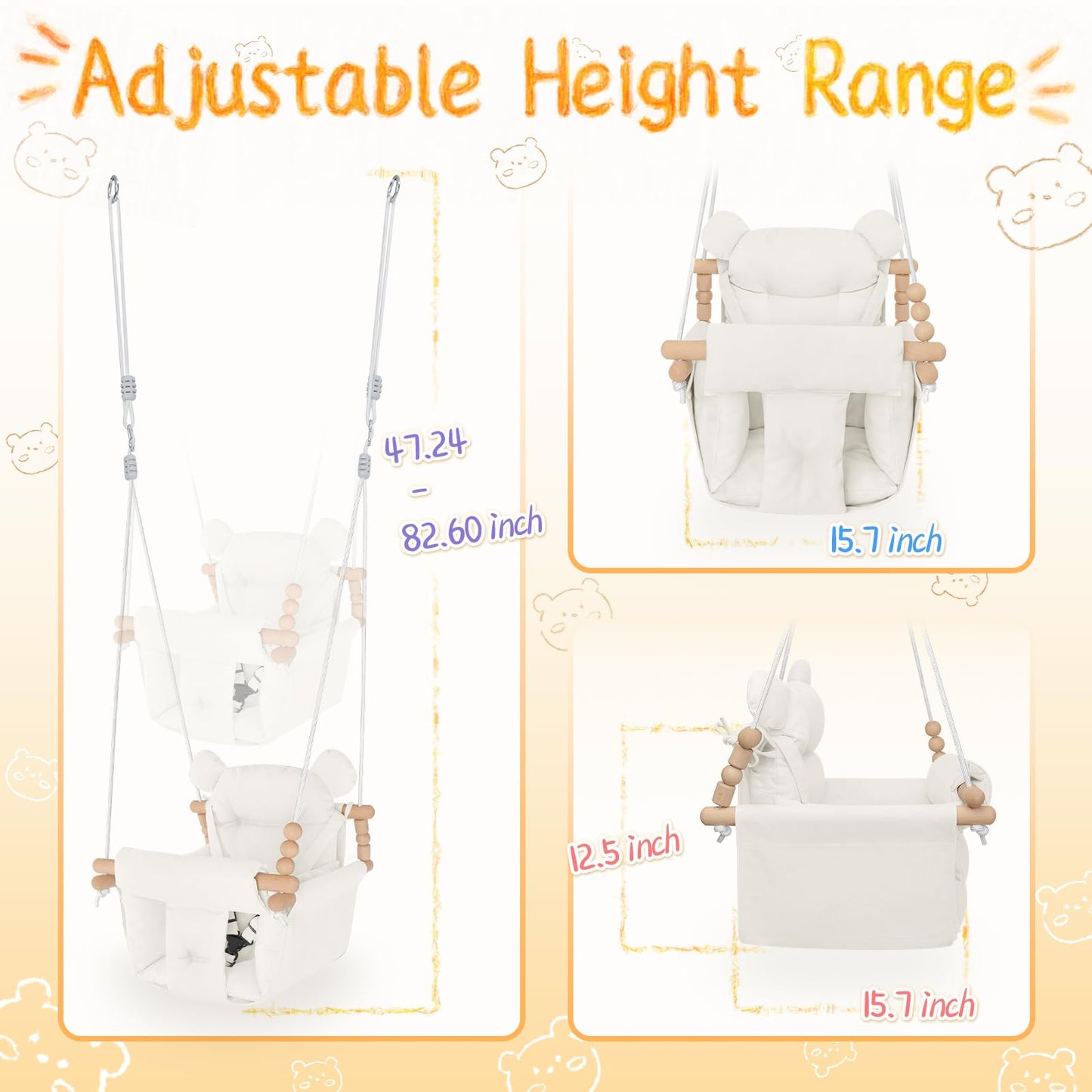 Baby Swing Indoor Outdoor,Secure Canvas Wooden Toddler Swing Seat, 3-Point Adjustable Safety Harness,Mounting Hardware Included,