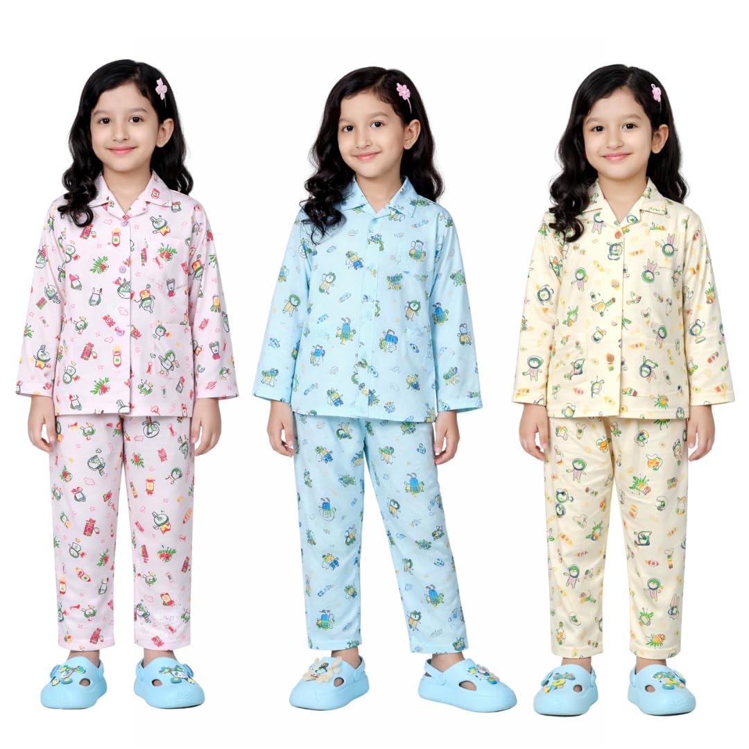 BORNLOV Girls Cotton Printed Pajama Set, Pink, Blue and Yellow Long Sleeve Shirt and Pants, Pack of 3 (2 Years3 Years)