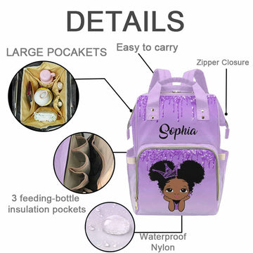 M Yescustom Custom Name Diaper Bag, Personalized Purple Glitter Nylon Nursing Mommy Bags Gradient Waterproof Travel Backpack Wit