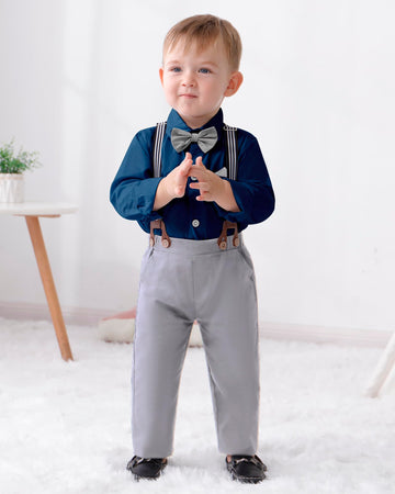 Disaur Boys Church Outfit Long Sleeve Dark Blue Grey Dress Shirt Bow Tie Suspender Pants Toddler Formal Outfit Boy 2T 3T 2-3T
