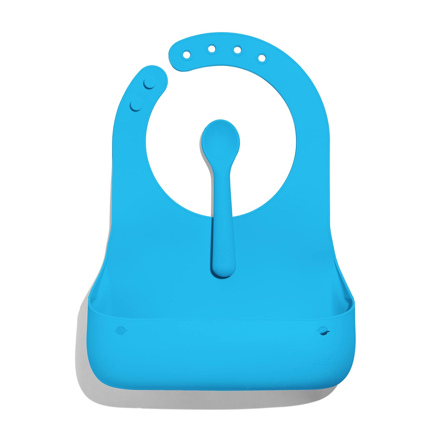 Avanchy Silicone Baby Bibs, Waterproof, Adjustable, BPA Free, Soft Unisex Set for Toddlers with Matching Spoon, Blue